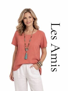 Les Amis Terra Cotta Crepe Blouse XL Relaxed Fit Short Sleeve Flowy Top Boho EUC